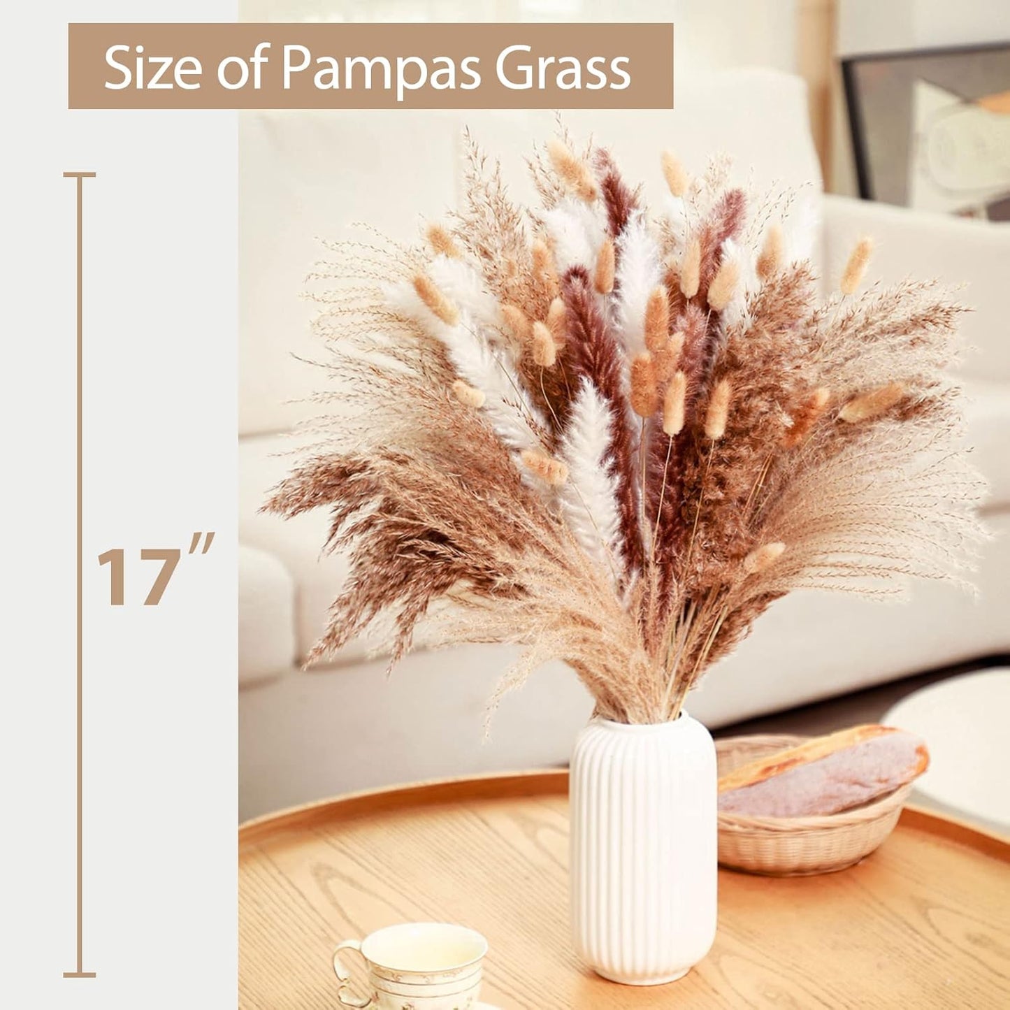 Dried Pampas Grass Bouquet – White, 17 Inch, Fluffy Bunny Tails for Home and Wedding Decor