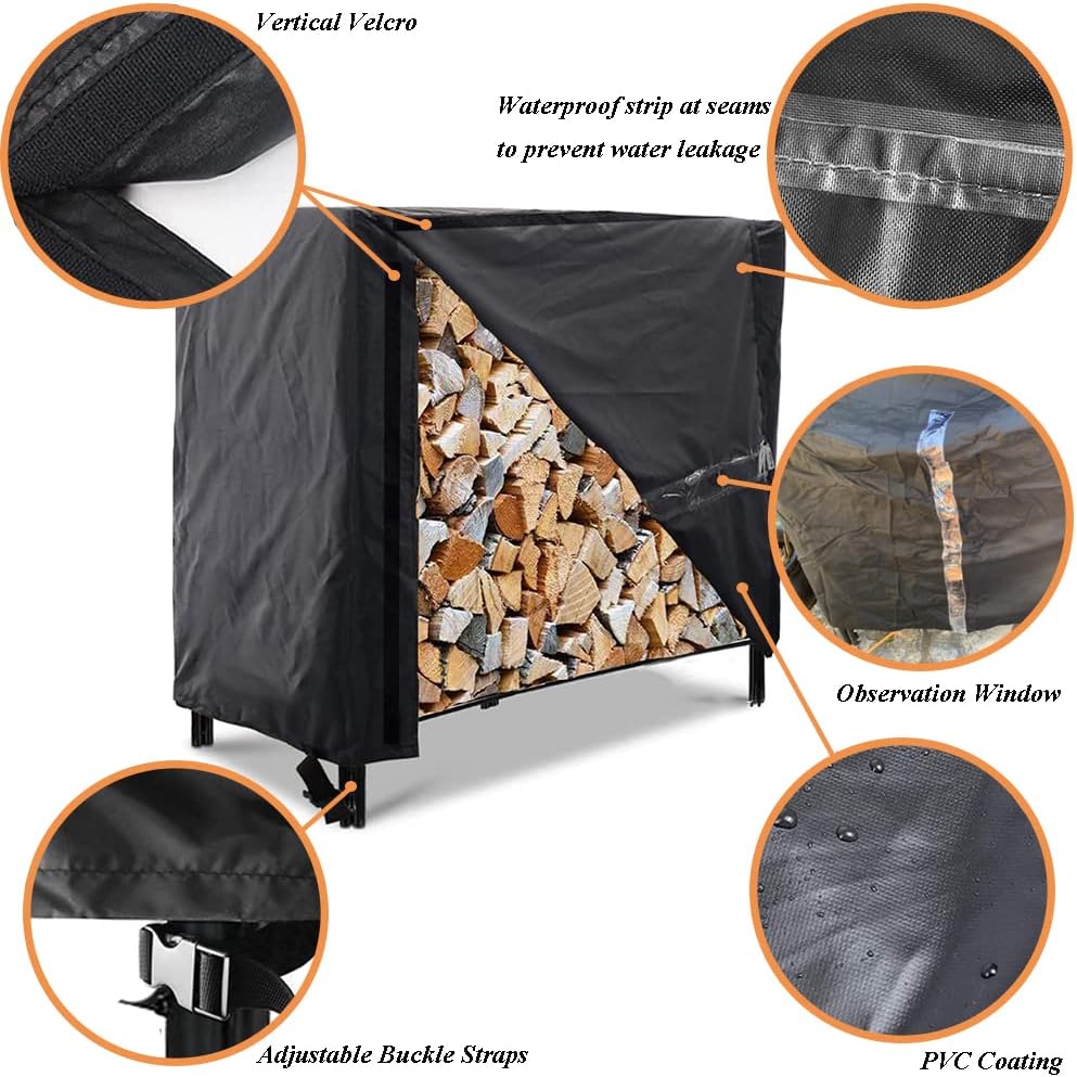 Firewood Log Rack Cover 4ft / 8ft Heavy Duty Waterproof Wood Pile Outdoor Patio Garden Fireplace Holder Fire Storage Covers (4FT: 48" x 24" 42")  4FT: 42"