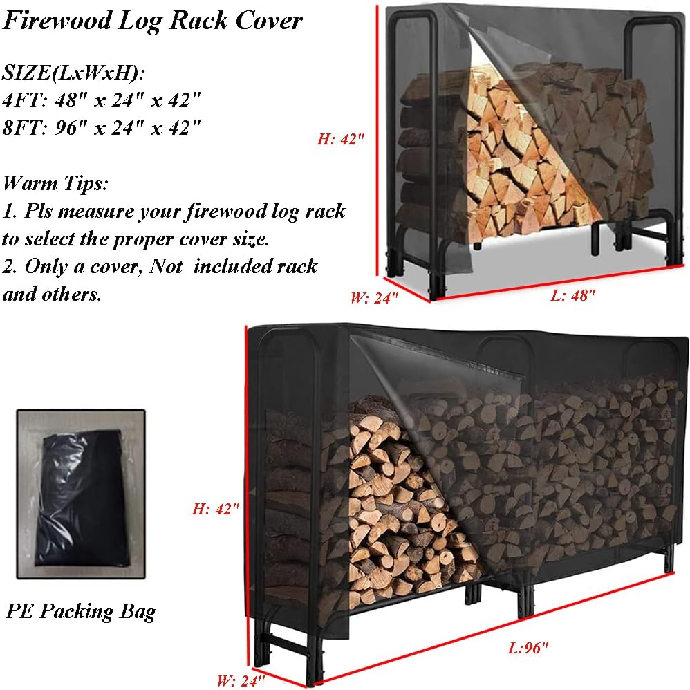 Firewood Log Rack Cover 4ft / 8ft Heavy Duty Waterproof Wood Pile Outdoor Patio Garden Fireplace Holder Fire Storage Covers (4FT: 48" x 24" 42")  4FT: 42"