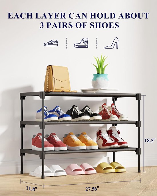 3-Tier Shoe Rack – Stackable, Black, 27.5 Inch Wide