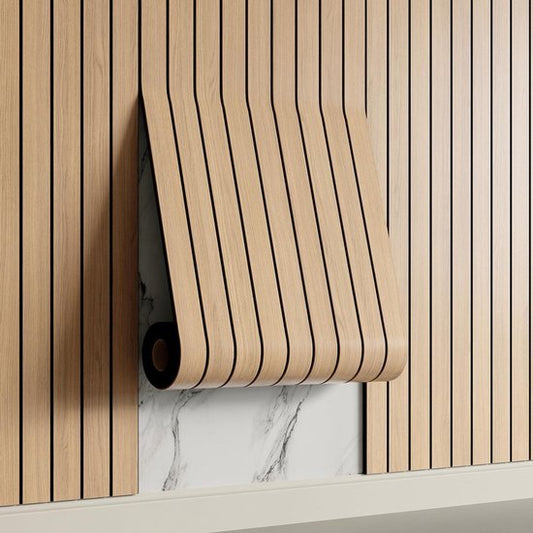 2 Pack Peel and Stick Oak Wood Slat Feature Wall Panels 300x40cm Each | DIY TV Headboard PVC Decor Wall Liner for Interior Wall & Ceiling Makeover（1037B-18）