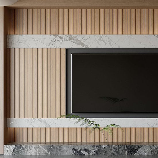2 Pack Peel and Stick Oak Wood Slat Feature Wall Panels 300x40cm Each | DIY TV Headboard PVC Decor Wall Liner for Interior Wall & Ceiling Makeover（1037B-18）