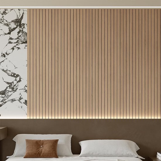 2 Pack Peel and Stick Oak Wood Slat Feature Wall Panels 300x40cm Each | DIY TV Headboard PVC Decor Wall Liner for Interior Wall & Ceiling Makeover（1037B-18）
