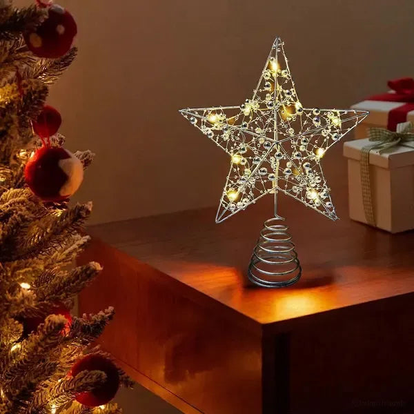 Silver Metal Christmas Tree Star Tabletop Decoration with Warm White LED Lights and Spiral Base for Home Holiday Decor Display