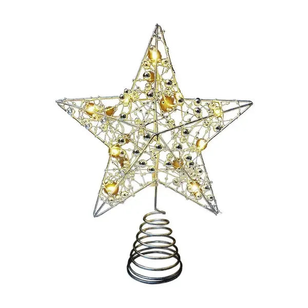 Silver Metal Christmas Tree Star Tabletop Decoration with Warm White LED Lights and Spiral Base for Home Holiday Decor Display