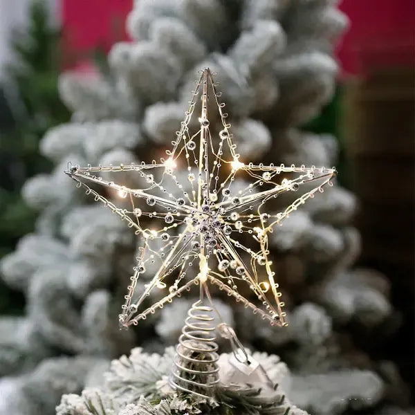 Silver Metal Christmas Tree Star Tabletop Decoration with Warm White LED Lights and Spiral Base for Home Holiday Decor Display