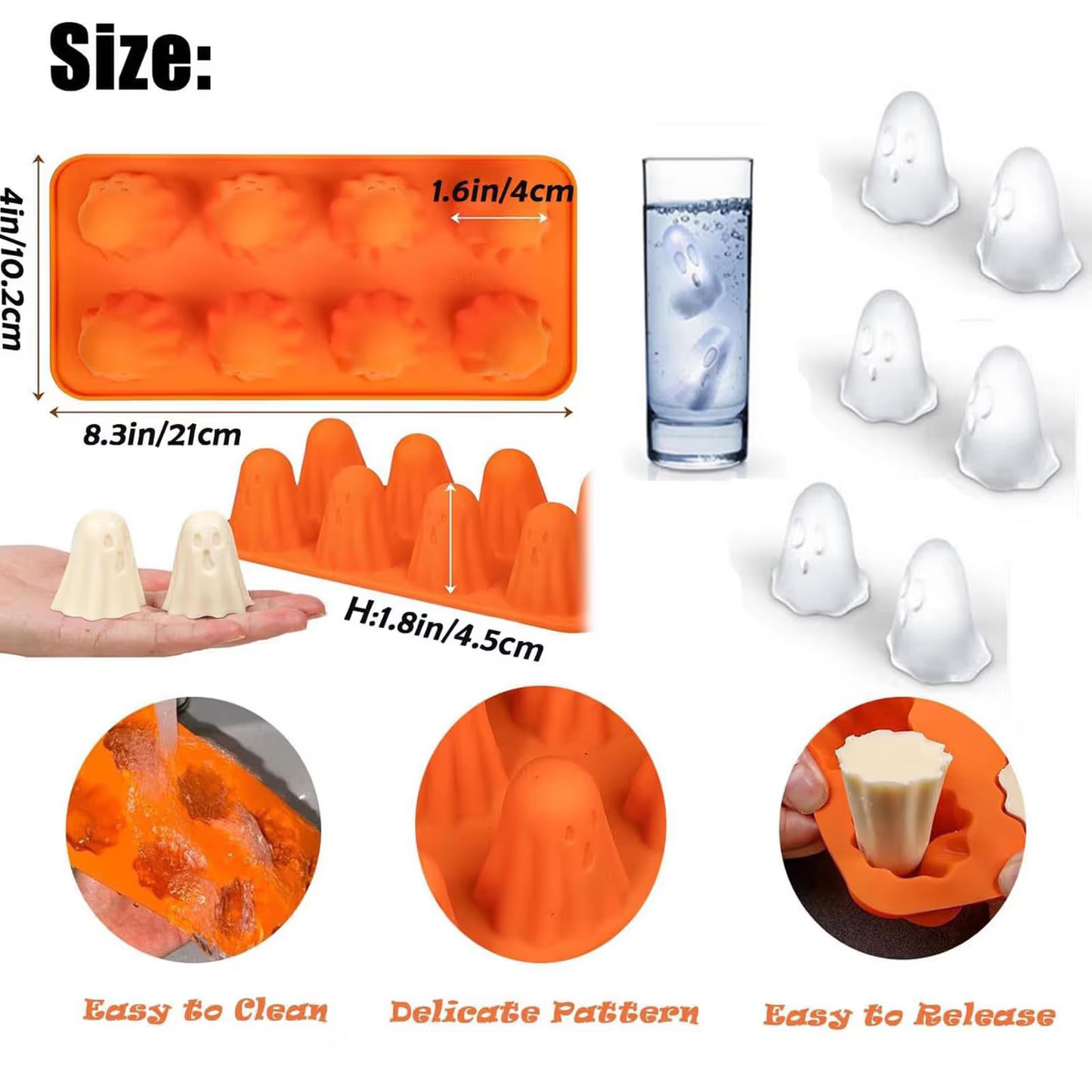 3D Ghost Silicone Molds, Halloween Silicone Baking Molds, Ghost Chocolate Candy Mold for Halloween Party, Orange, 21.1 x 25.9 cm