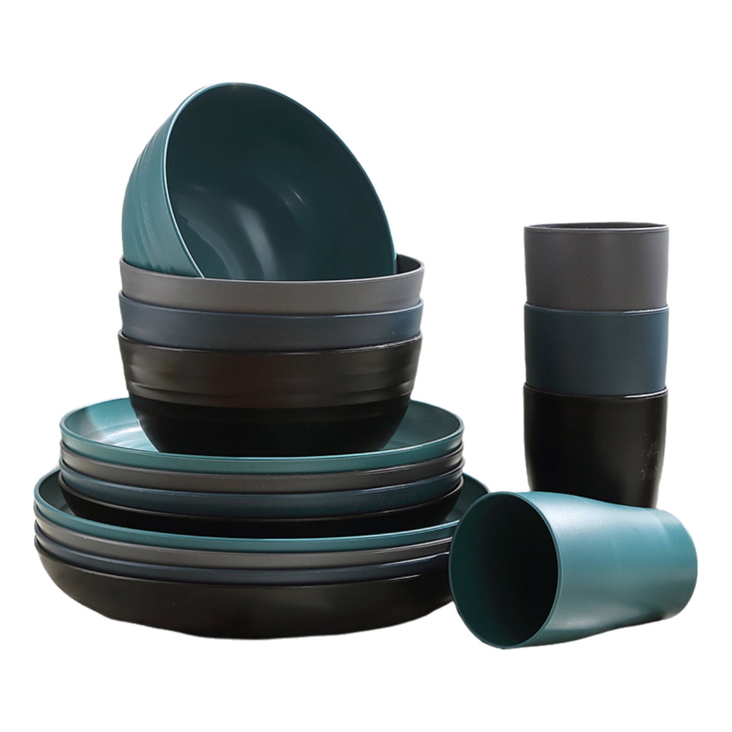 16-Piece Kitchen Dinnerware Set – Service for 8, Colorful Plastic Plates, Bowls & Cups