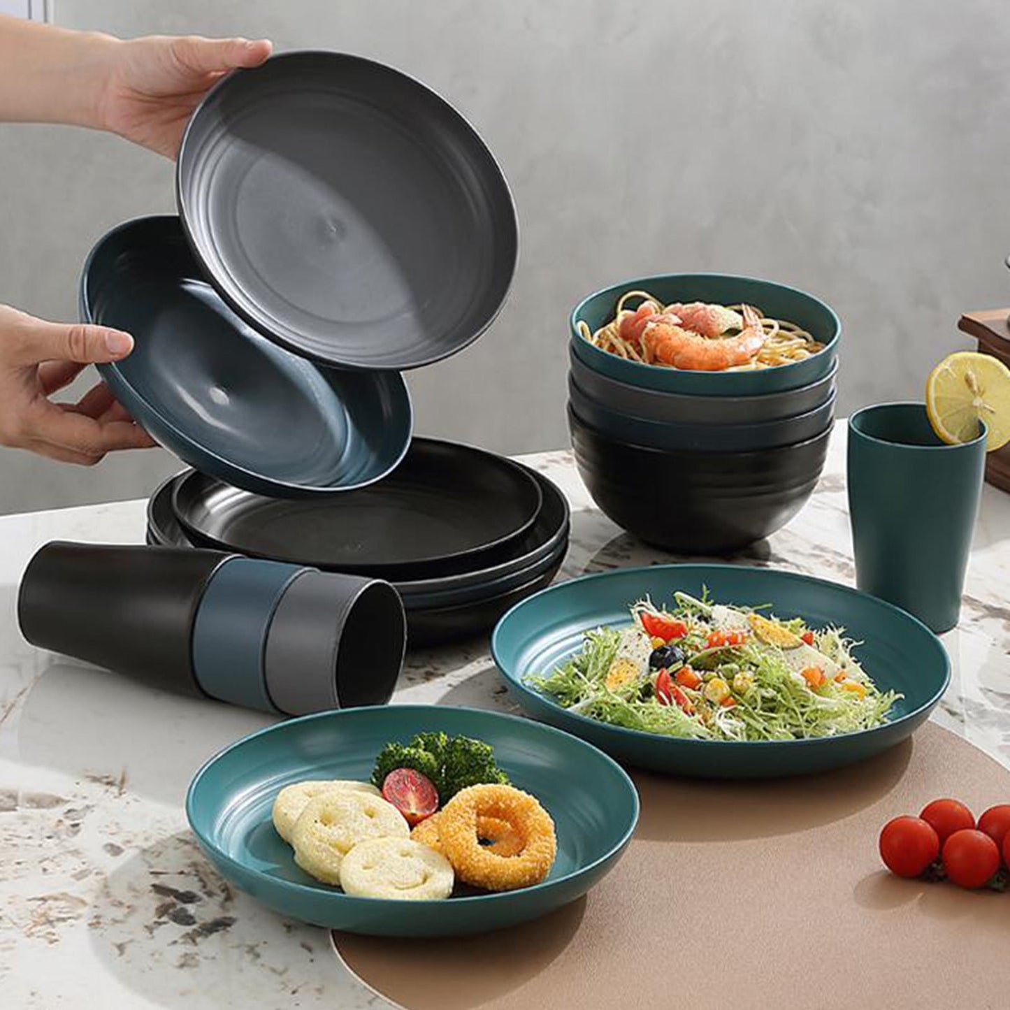 16-Piece Kitchen Dinnerware Set – Service for 8, Colorful Plastic Plates, Bowls & Cups