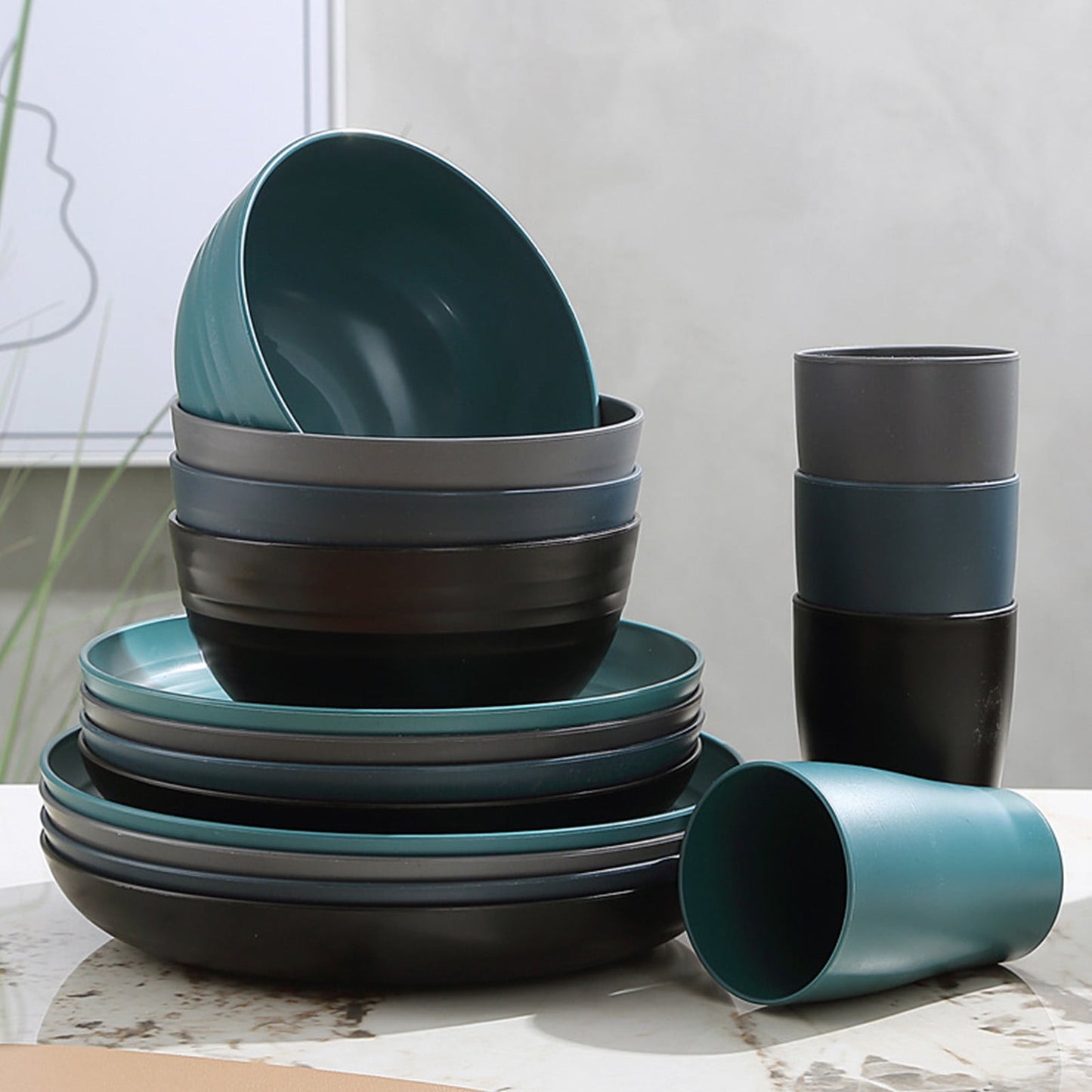 16-Piece Kitchen Dinnerware Set – Service for 8, Colorful Plastic Plates, Bowls & Cups