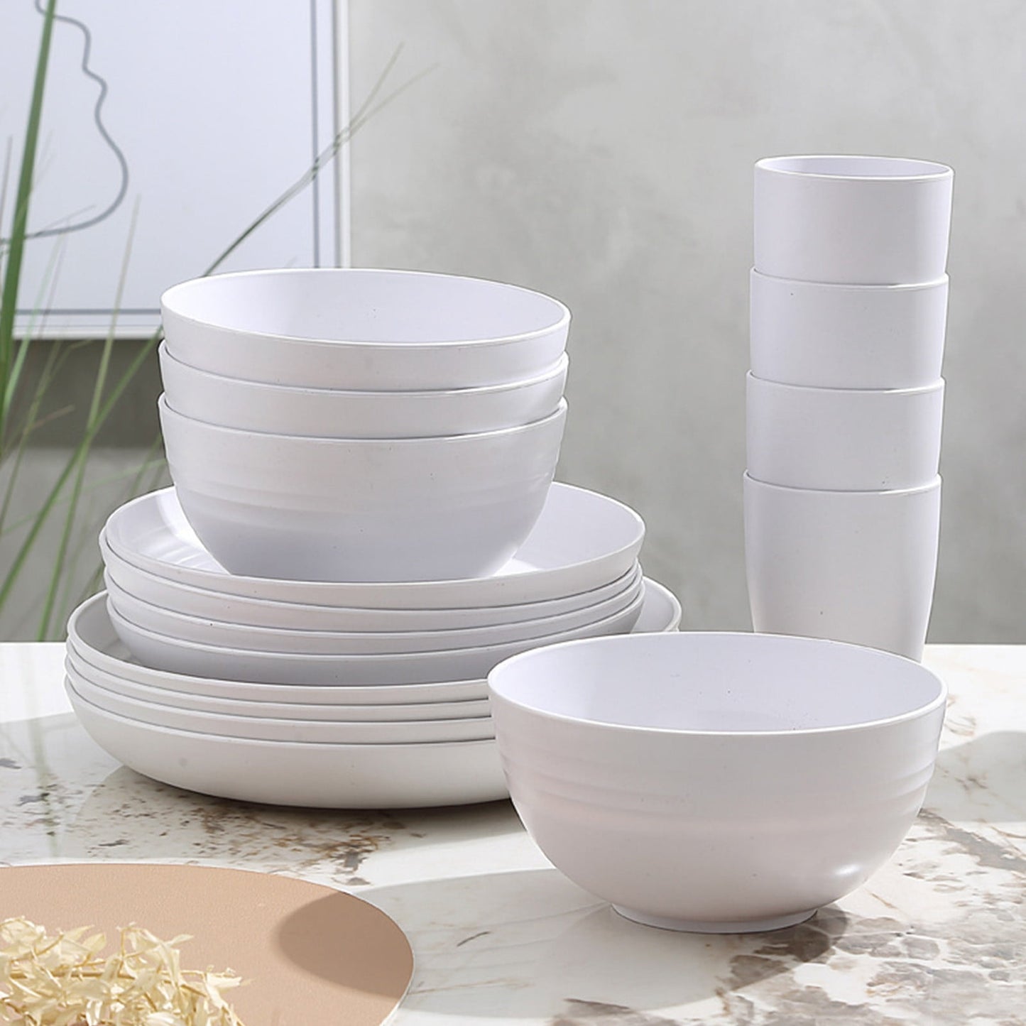 16-Piece Kitchen Dinnerware Set – Service for 8, Colorful Plastic Plates, Bowls & Cups
