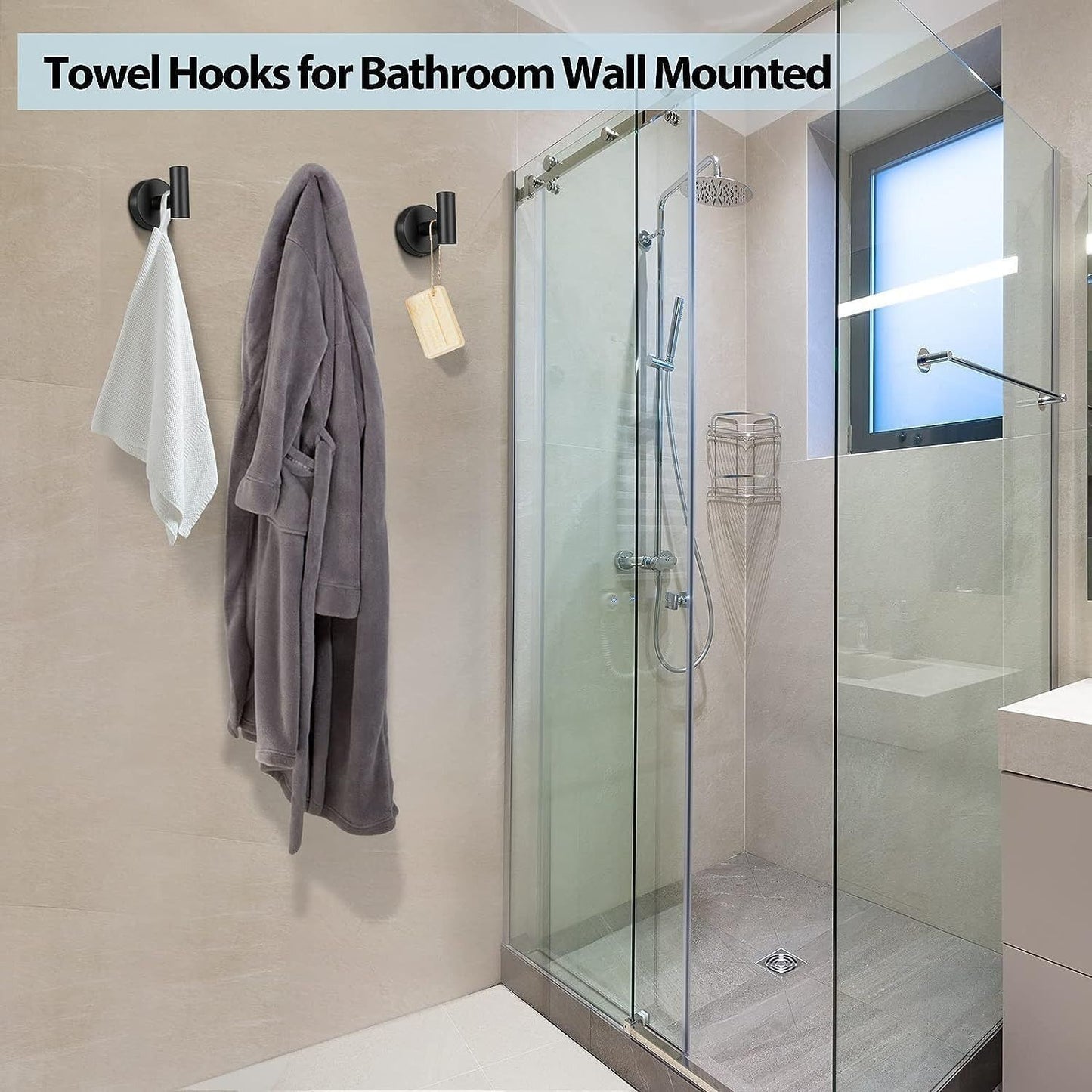 Matte Black Round Coat Hook 2 Pack, Stainless Steel Bathroom Towel Hook, Wall Mounted, Towel Robe Clothes Cabinet Closet Hook