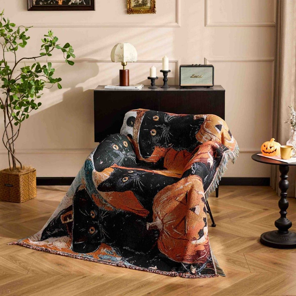Multi‑Functional Festive Tapestry Throw Blanket, For Christmas & Halloween Home Ornament, Soft Lunch Break Rest Blanket, Black Cat With Hat Halloween Pattern, 157x130cm