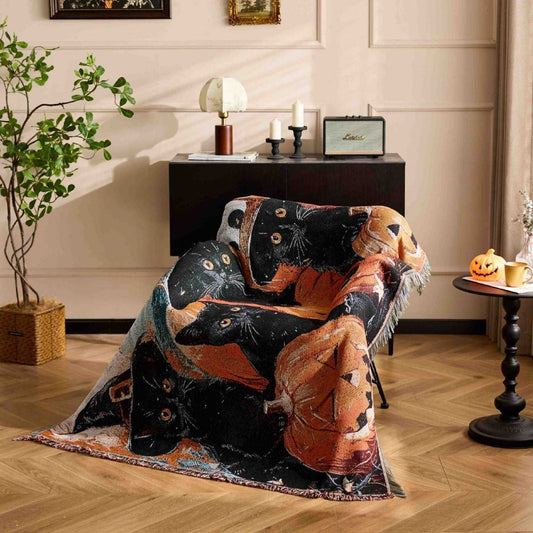 Multi‑Functional Festive Tapestry Throw Blanket, For Christmas & Halloween Home Ornament, Soft Lunch Break Rest Blanket, Black Cat With Hat Halloween Pattern, 157x130cm