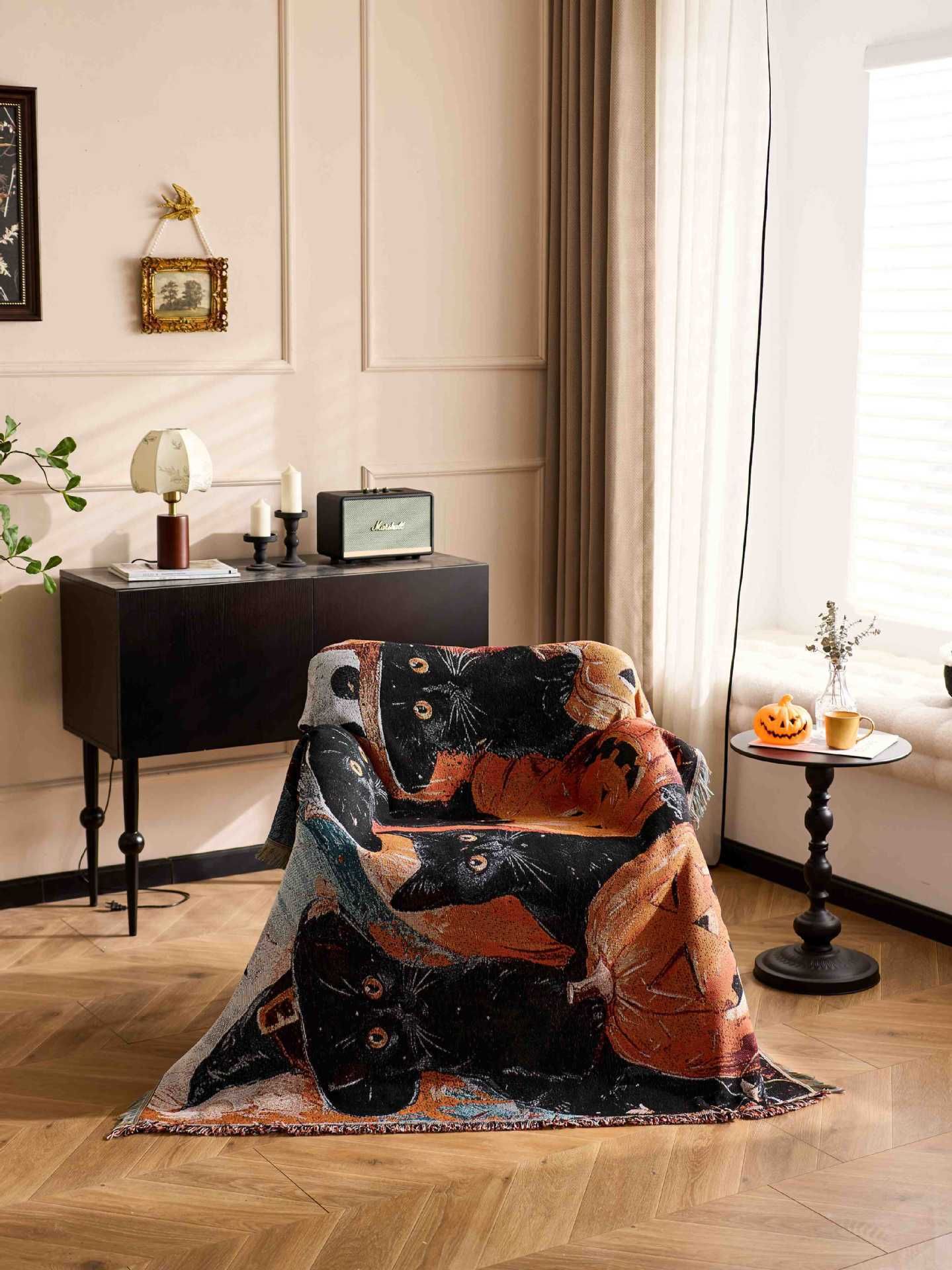 Multi‑Functional Festive Tapestry Throw Blanket, For Christmas & Halloween Home Ornament, Soft Lunch Break Rest Blanket, Black Cat With Hat Halloween Pattern, 157x130cm