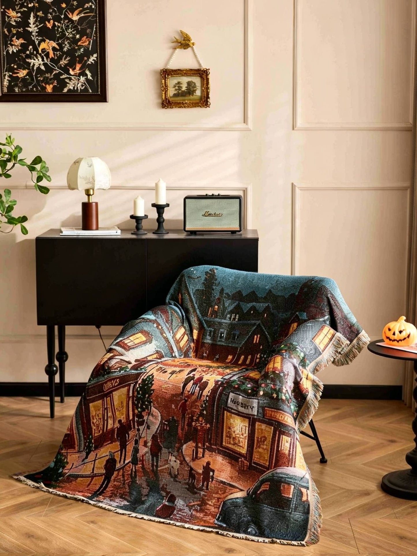Multi‑Functional Festive Tapestry Throw Blanket, For Christmas & Halloween Home Ornament, Soft Lunch Break Rest Blanket, Black Cat With Hat Halloween Pattern, 157x130cm