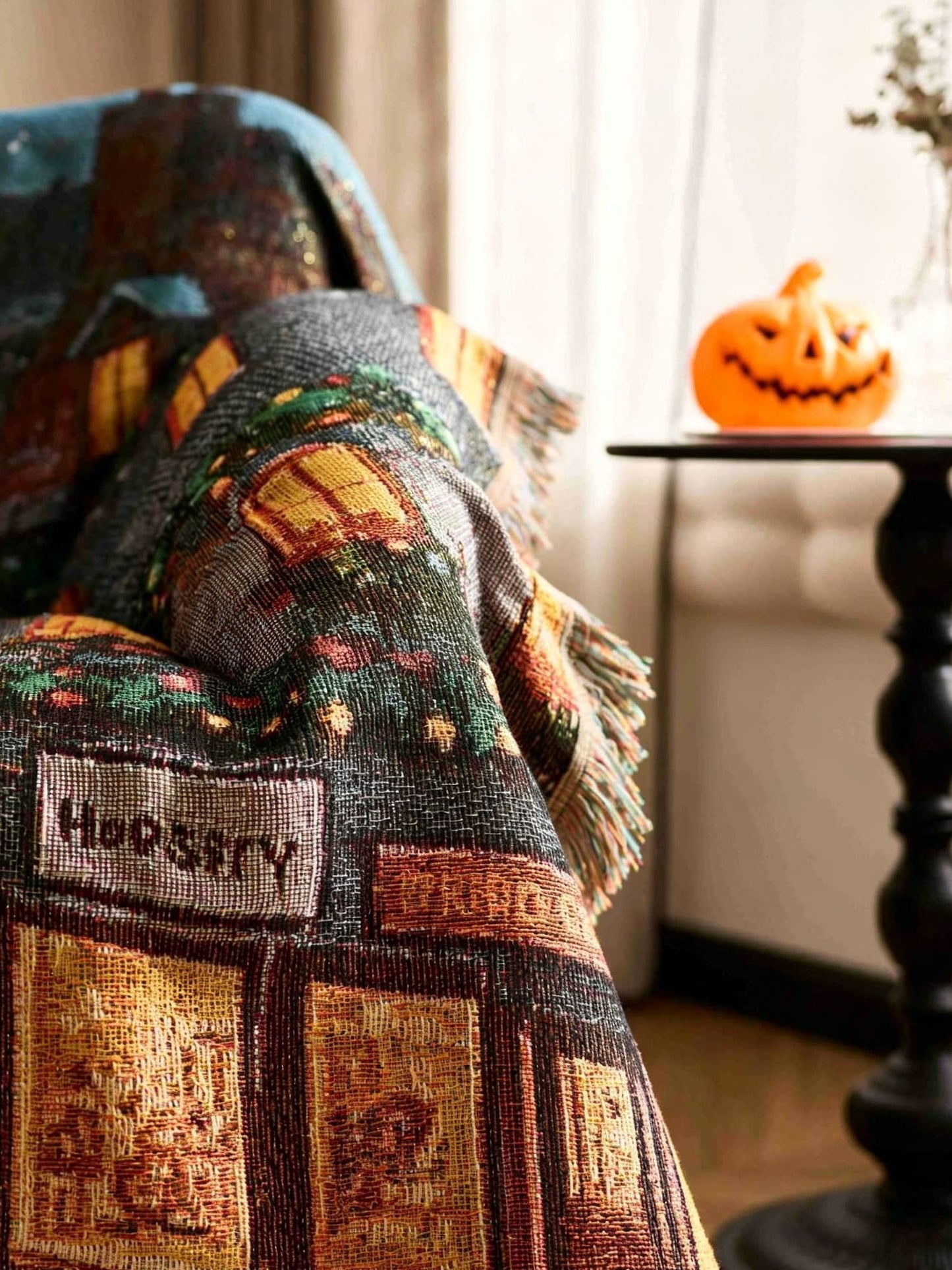 Multi‑Functional Festive Tapestry Throw Blanket, For Christmas & Halloween Home Ornament, Soft Lunch Break Rest Blanket, Black Cat With Hat Halloween Pattern, 157x130cm