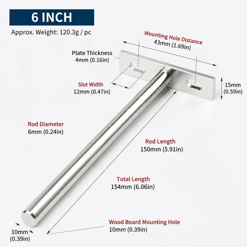 6" Nickel Hidden T Shelf Bracket 2Pcs w/ 5x60&5x80 Screws