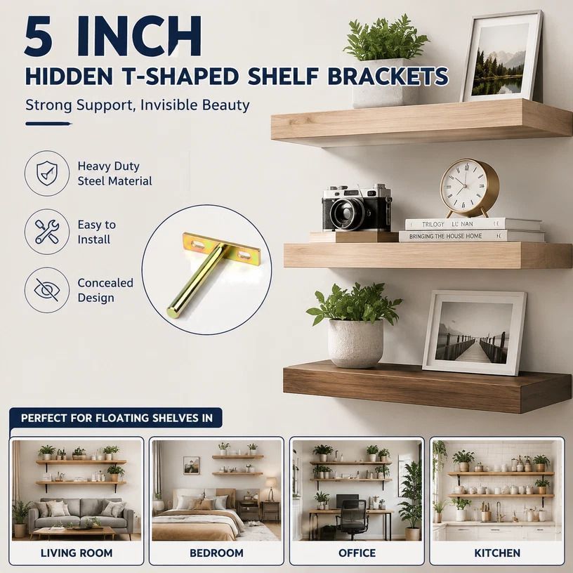 5" Color Zinc Hidden T Bracket 2Pcs w/ 5x60&5x80 Screws