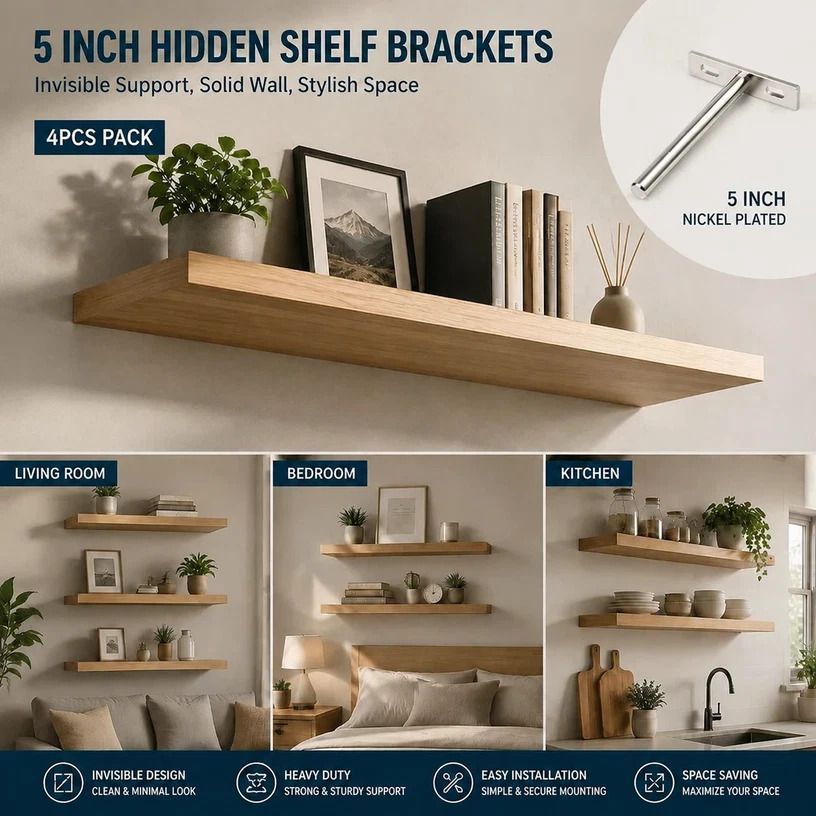 5" Nickel Hidden T Shelf Bracket 4Pcs w/ 5x60&5x80 Screws