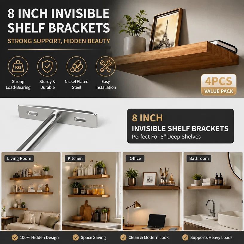 8" Nickel Hidden T Shelf Bracket 4Pcs w/ 5x60&5x80 Screws