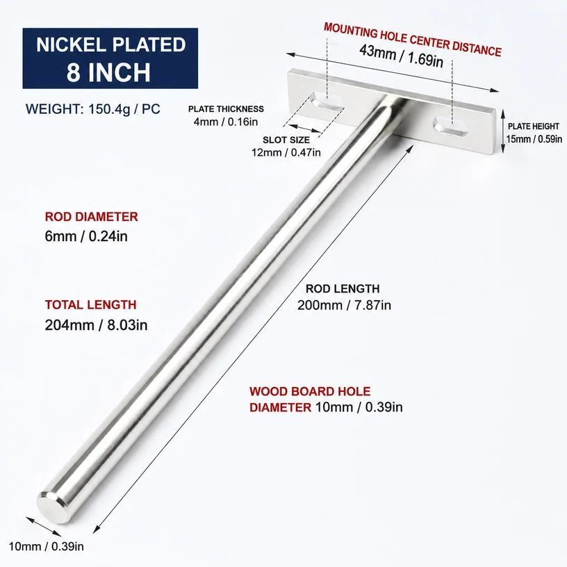 8" Nickel Hidden T Shelf Bracket 4Pcs w/ 5x60&5x80 Screws