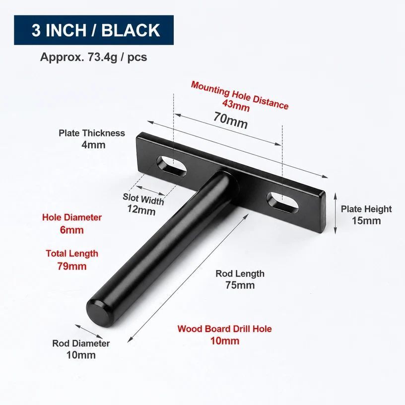 3" Black Hidden T Shelf Bracket 4Pcs w/ 5x60&5x80 Screws