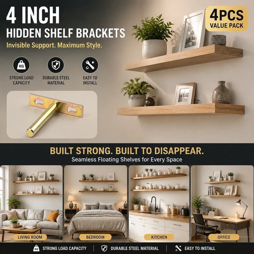 4" Color Zinc Hidden T Bracket 4Pcs w/ 5x60&5x80 Screws