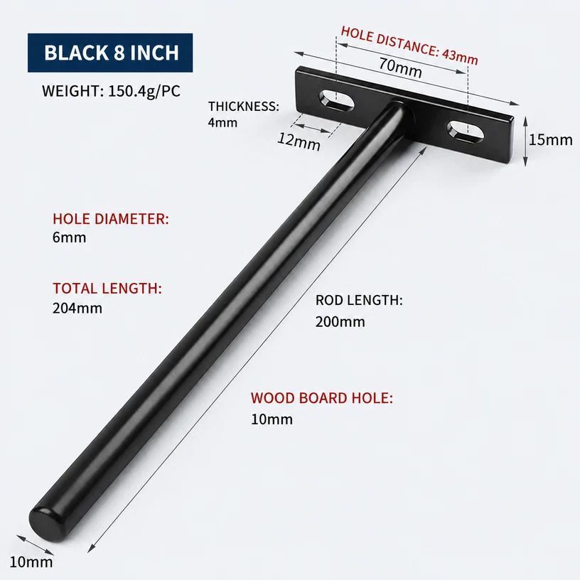 8" Black Hidden T Shelf Bracket 4Pcs w/ 5x60&5x80 Screws