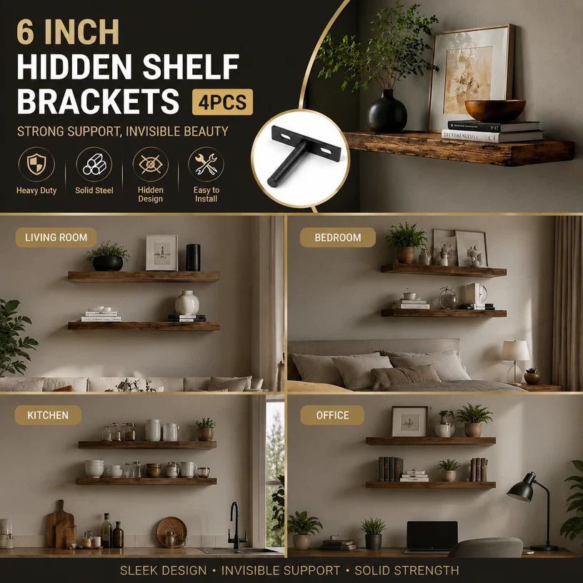 6" Black Hidden T Shelf Bracket 4Pcs w/ 5x60&5x80 Screws