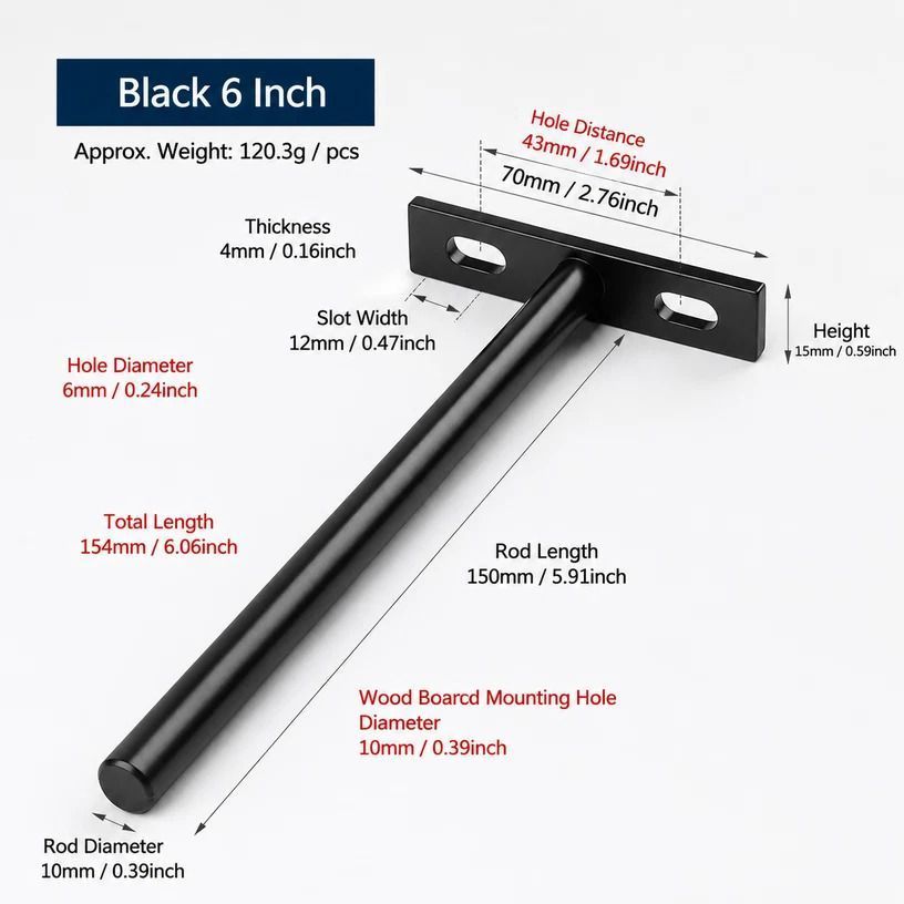 6" Black Hidden T Shelf Bracket 4Pcs w/ 5x60&5x80 Screws