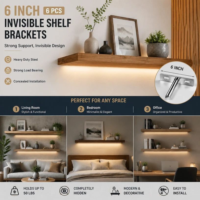 6" Nickel Hidden T Shelf Bracket 6Pcs w/ 5x60&5x80 Screws