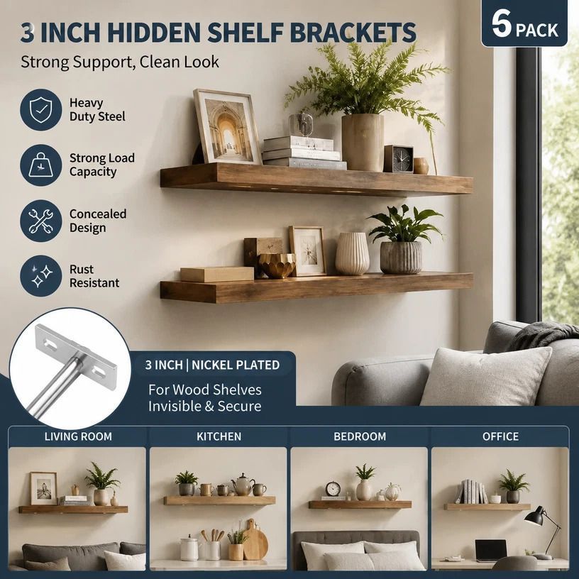 3" Nickel Hidden T Shelf Bracket 6Pcs w/ 5x60&5x80 Screws