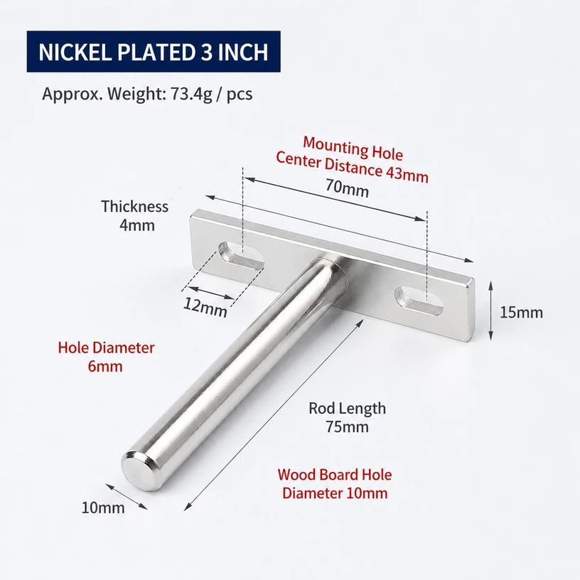 3" Nickel Hidden T Shelf Bracket 6Pcs w/ 5x60&5x80 Screws