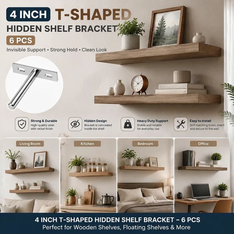 4" Nickel Hidden T Shelf Bracket 6Pcs w/ 5x60&5x80 Screws