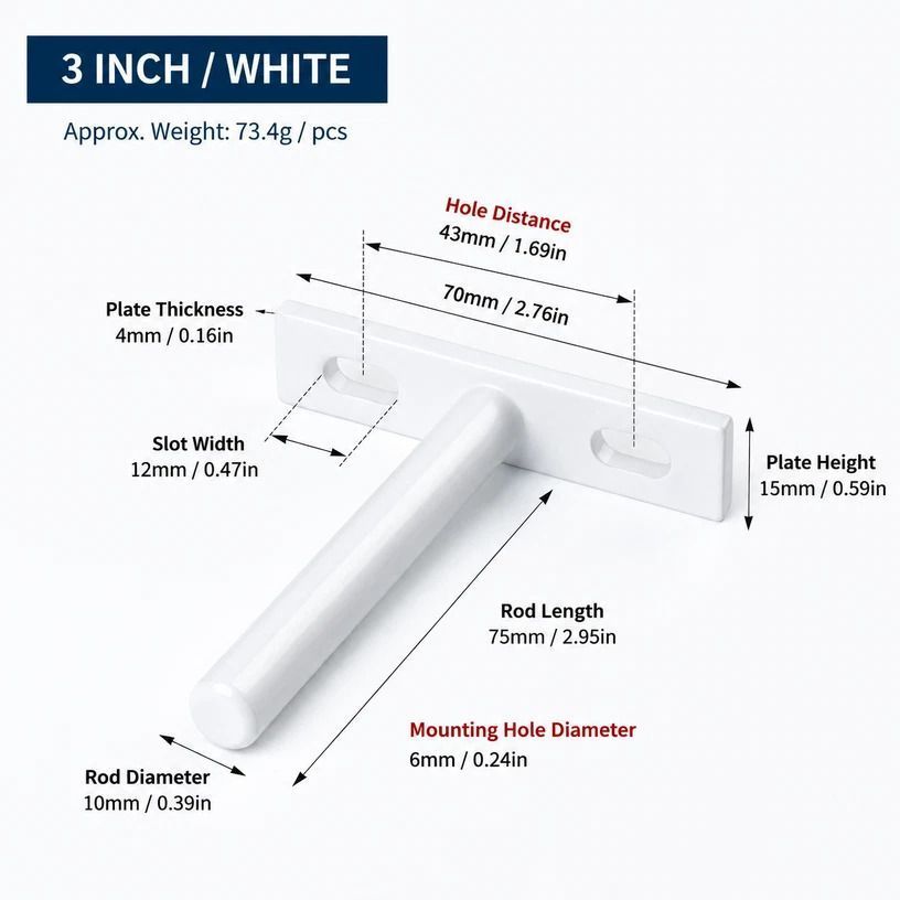 3" White Hidden T Shelf Bracket 6Pcs w/ 5x60&5x80 Screws