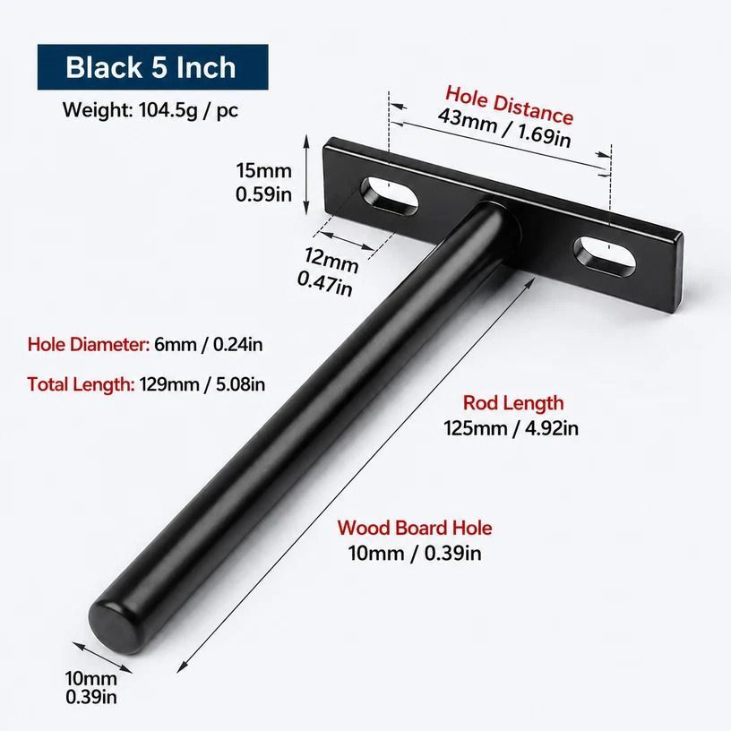 5" Black Hidden T Shelf Bracket 6Pcs w/ 5x60&5x80 Screws