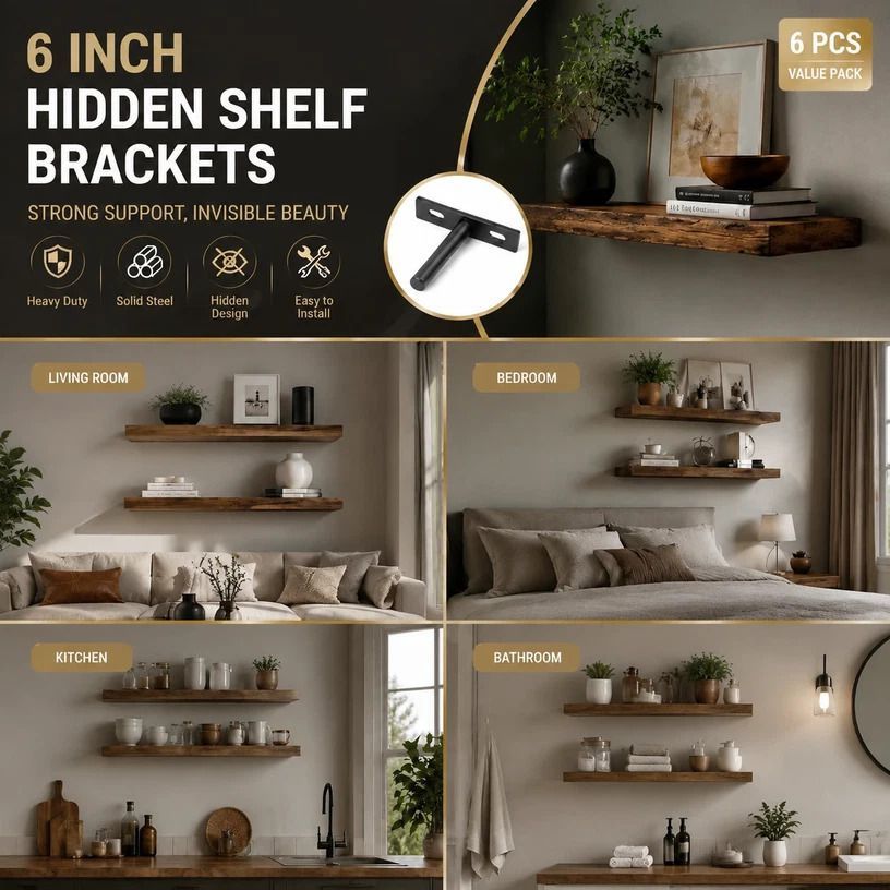 6" Black Hidden T Shelf Bracket 6Pcs w/ 5x60&5x80 Screws