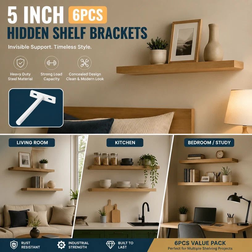5" White Hidden T Shelf Bracket 6Pcs w/ 5x60&5x80 Screws