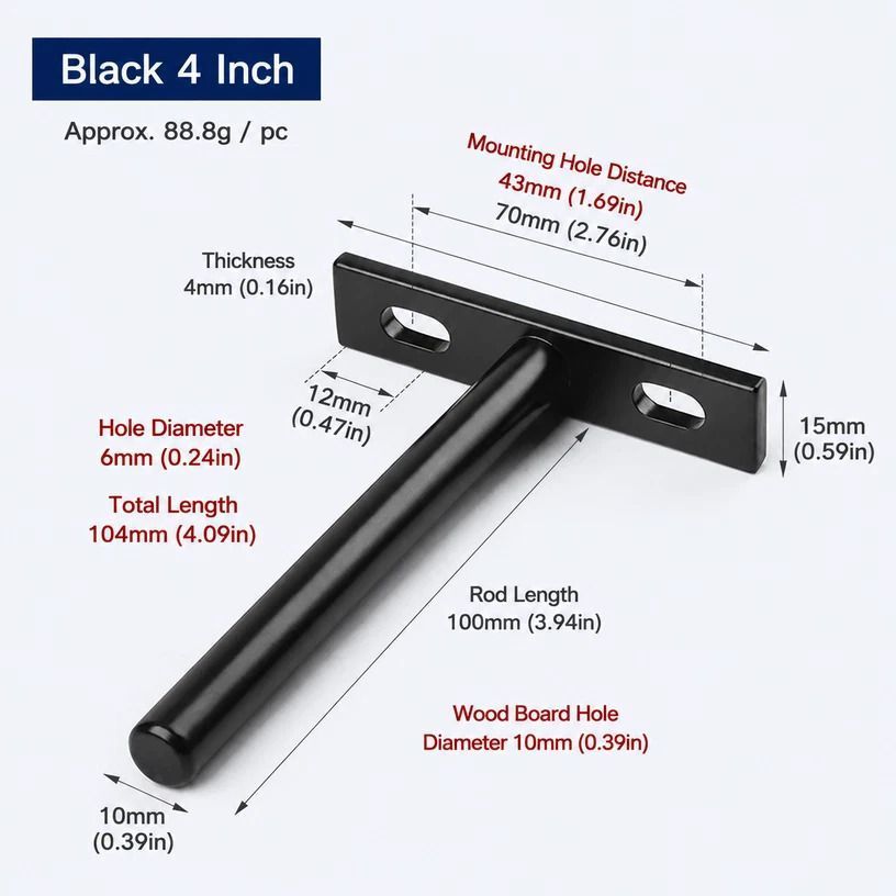 4" Black Hidden T Shelf Bracket 6Pcs w/ 5x60&5x80 Screws