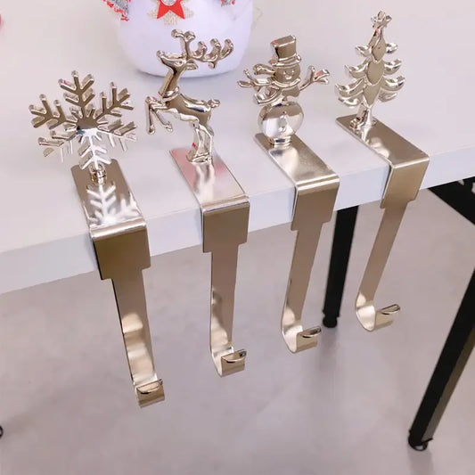 4-Pack No-Drill Metal Christmas Hooks – Gold tree and snowflake design, universal hanging bracket for fireplace mantels and door frames. (Silver)