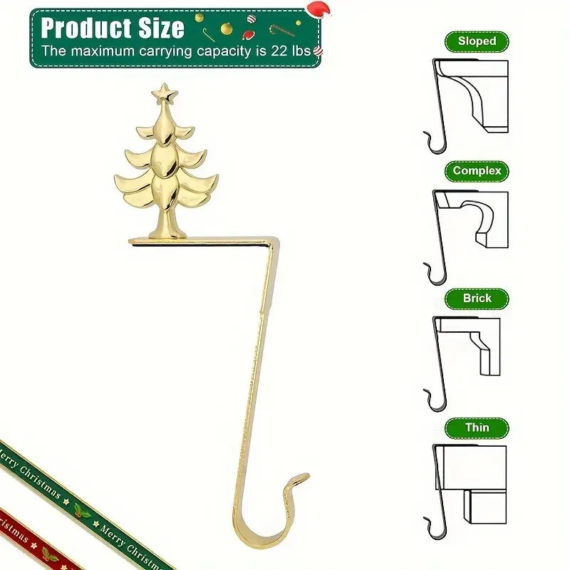 4-Pack No-Drill Metal Christmas Hooks – Gold tree and snowflake design, universal hanging bracket for fireplace mantels and door frames. (Silver)