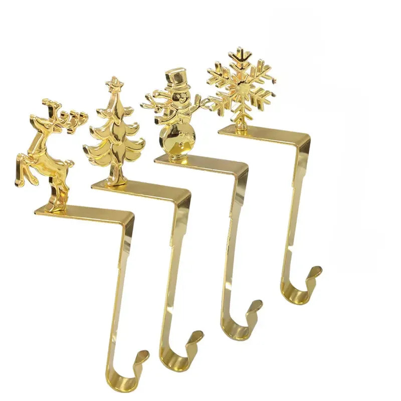 4-Pack No-Drill Metal Christmas Hooks – Gold tree and snowflake design, universal hanging bracket for fireplace mantels and door frames. (golden)