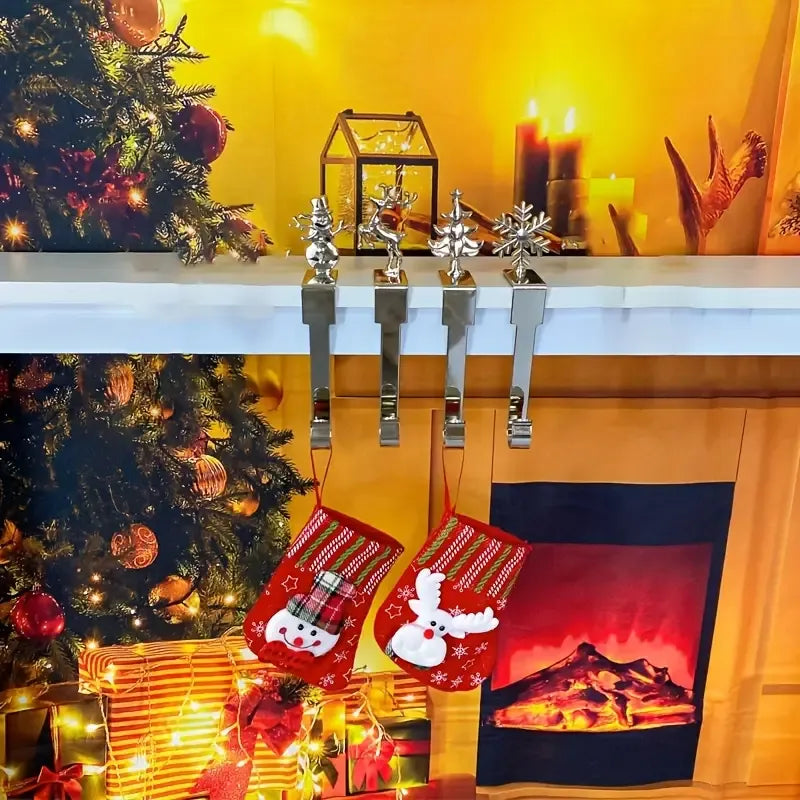 4-Pack No-Drill Metal Christmas Hooks – Gold tree and snowflake design, universal hanging bracket for fireplace mantels and door frames. (golden)