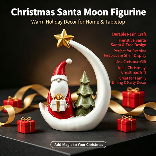 Christmas Moon Resin Figurine, Warm Holiday Tabletop Decoration