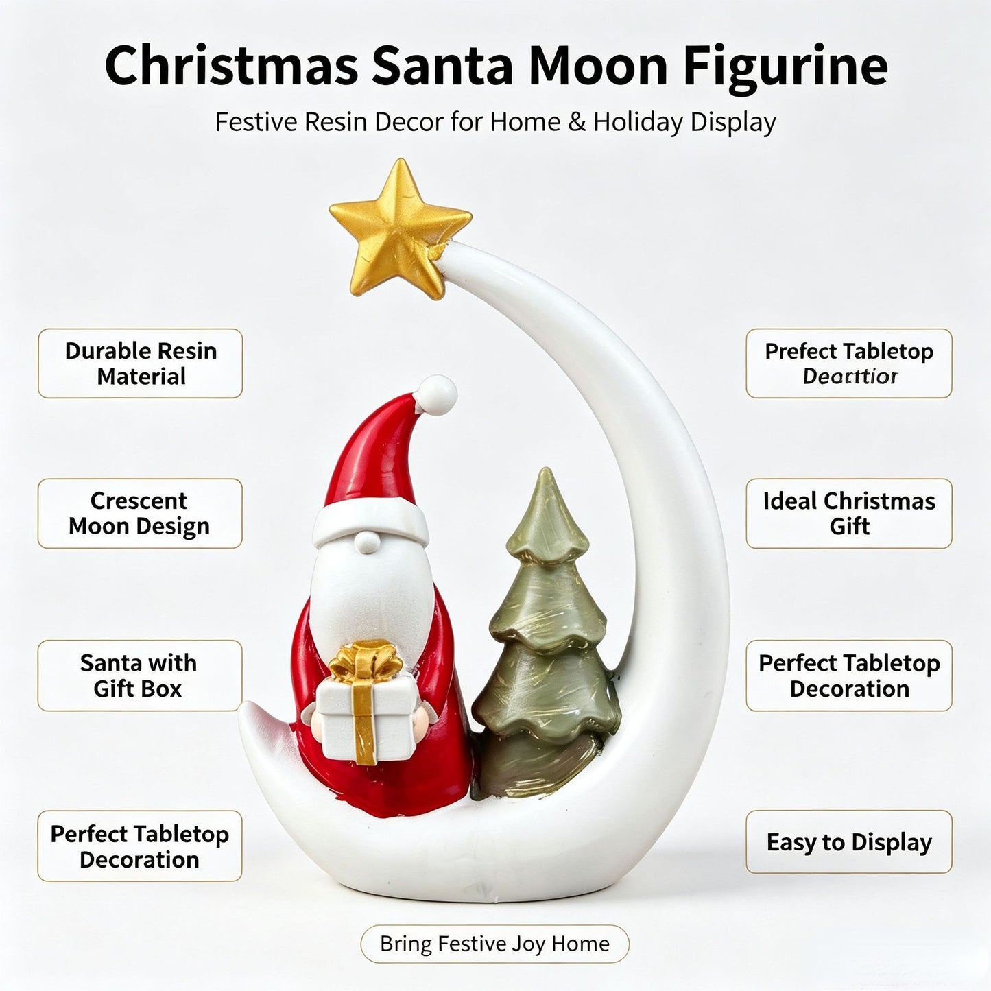 Christmas Moon Resin Figurine, Warm Holiday Tabletop Decoration