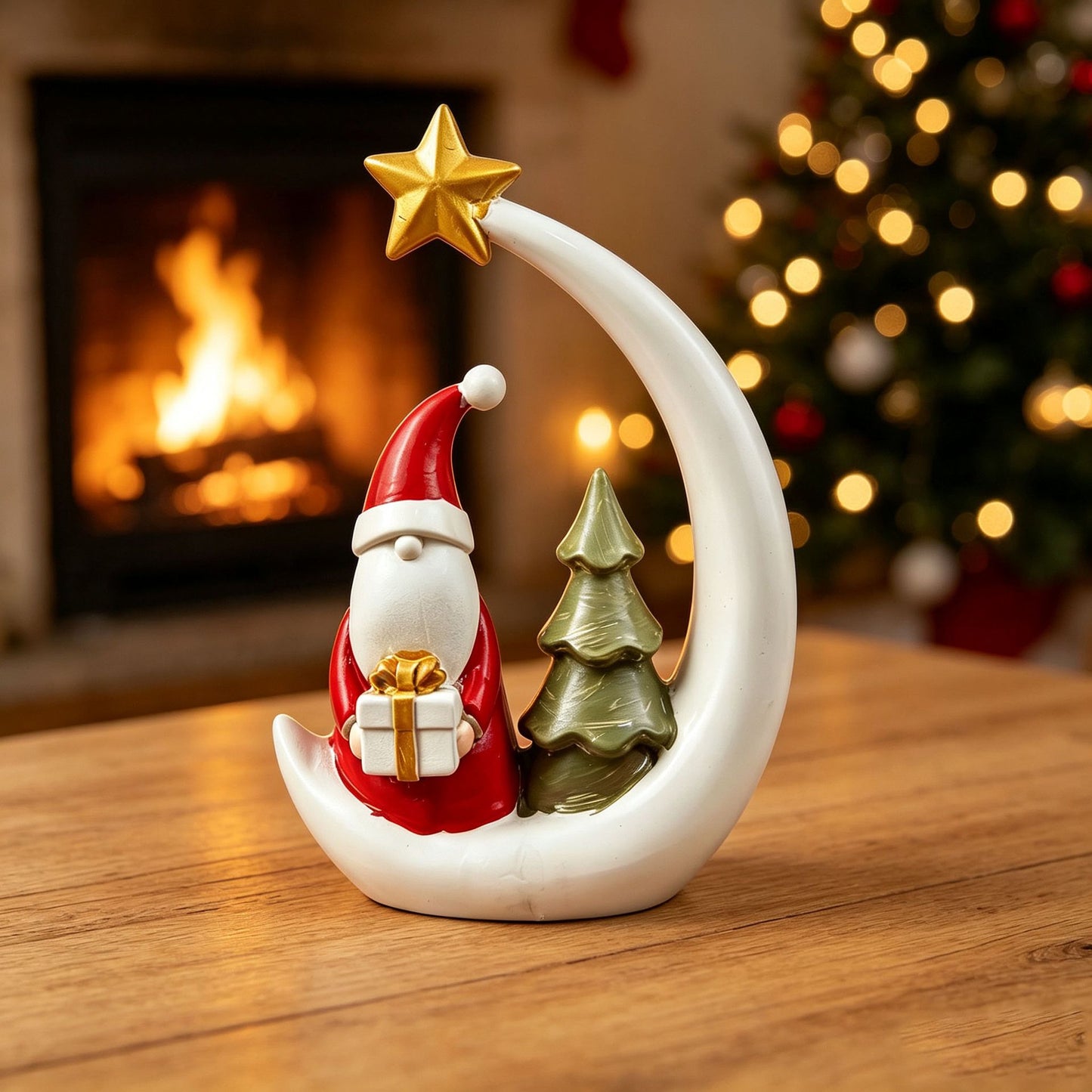 Christmas Moon Resin Figurine, Warm Holiday Tabletop Decoration