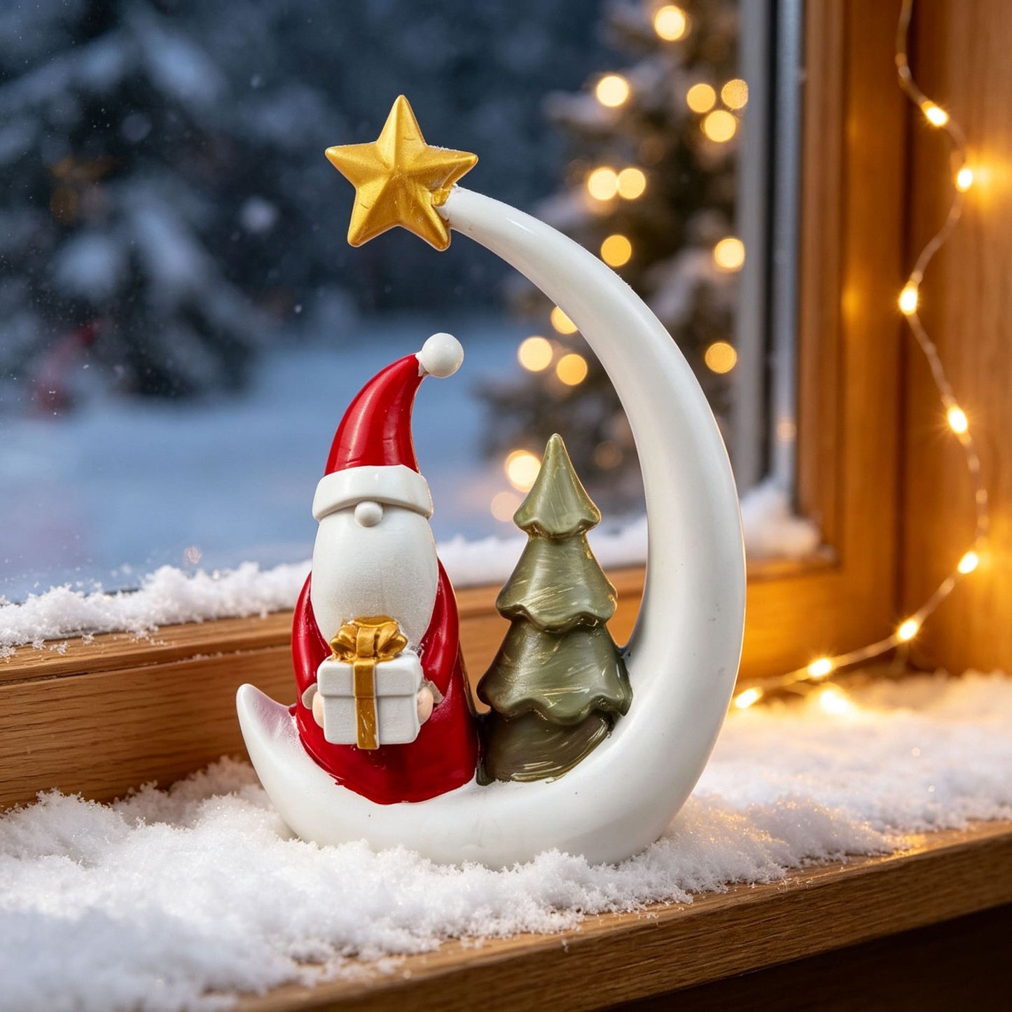 Christmas Moon Resin Figurine, Warm Holiday Tabletop Decoration