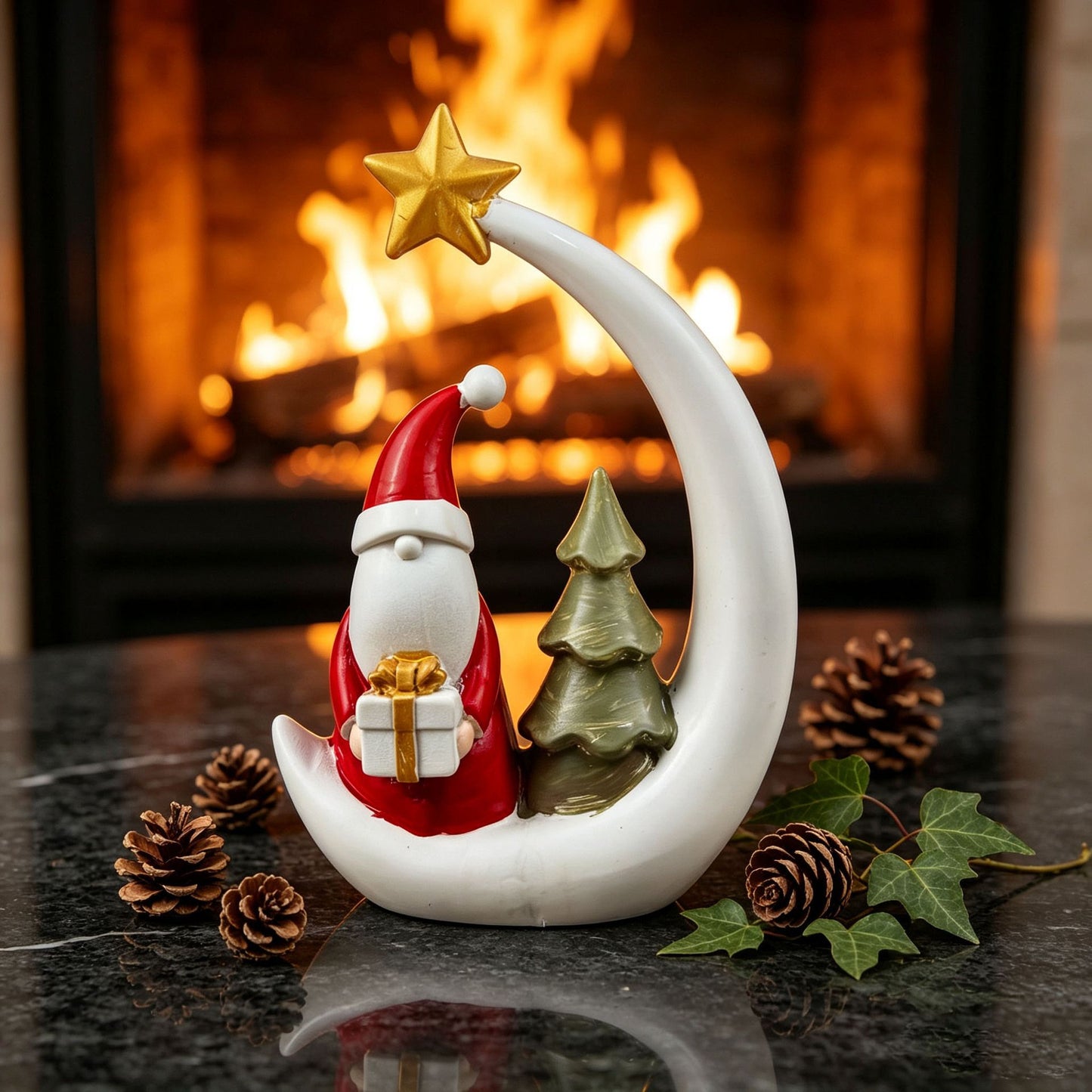 Christmas Moon Resin Figurine, Warm Holiday Tabletop Decoration