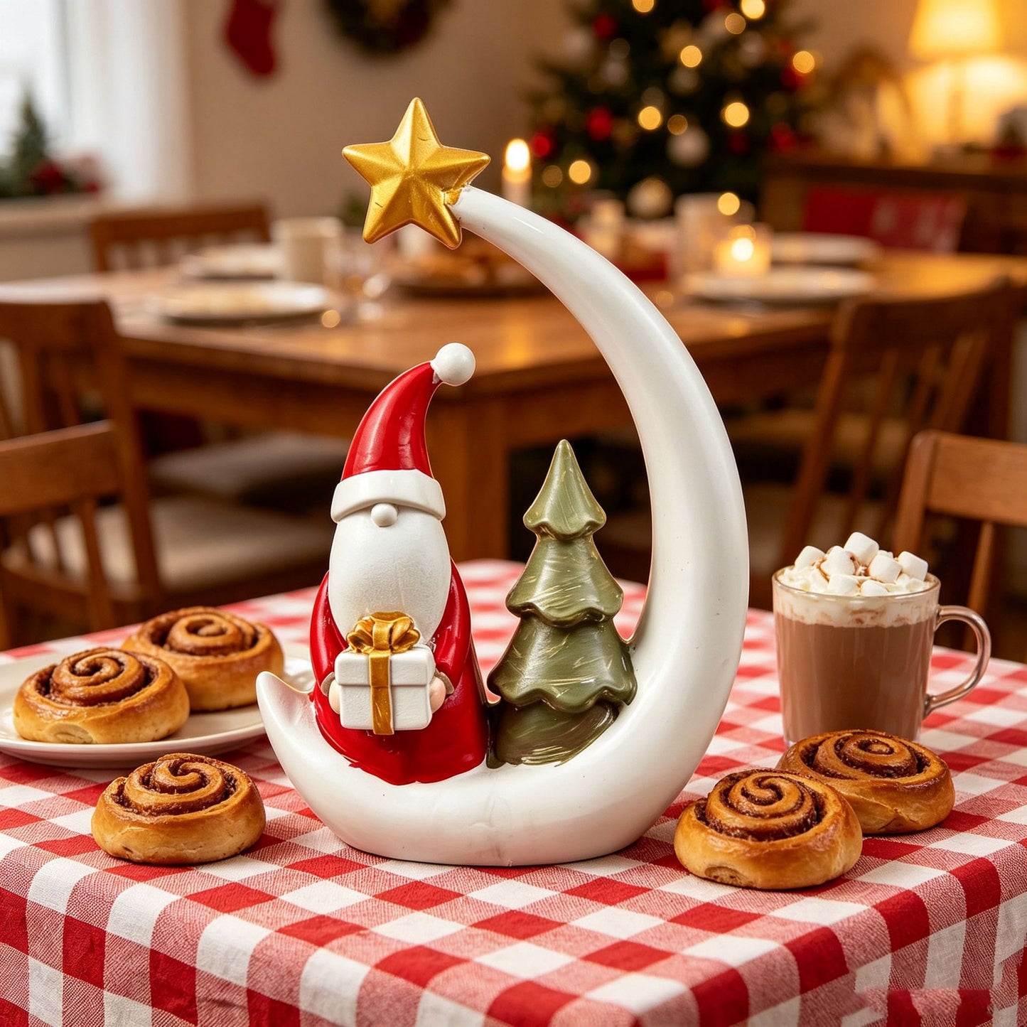 Christmas Moon Resin Figurine, Warm Holiday Tabletop Decoration